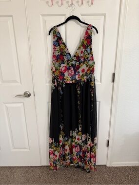 Ever Pretty Floral Chiffon Maxi Dress Black Multicolor V-Neck Size 14